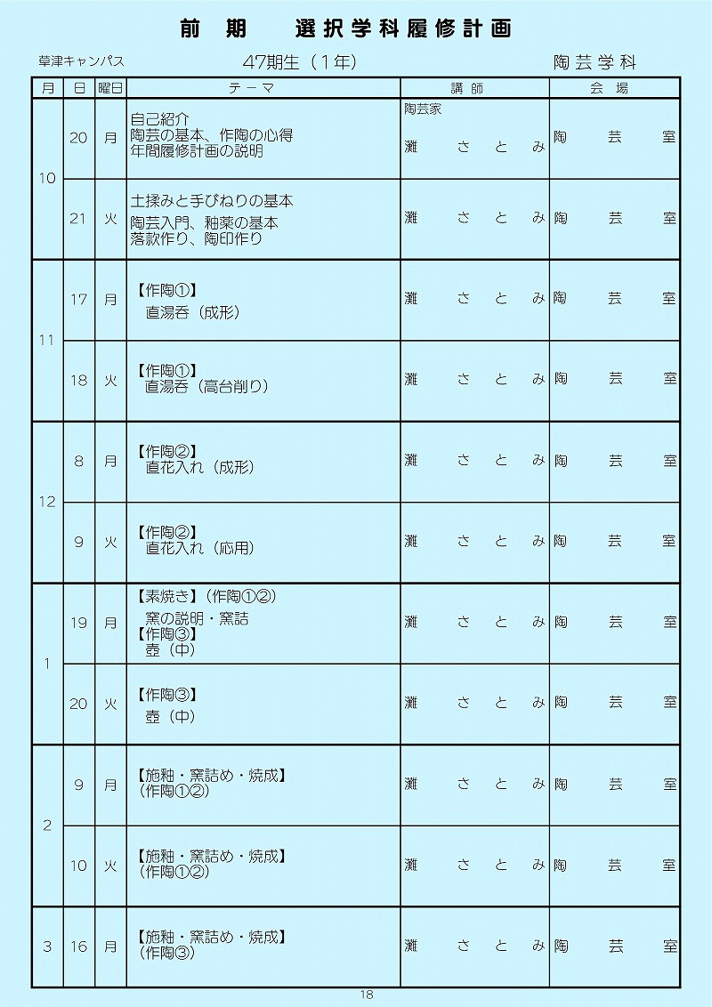 レイカディア大学 第４７期陶芸学科前期履修計画